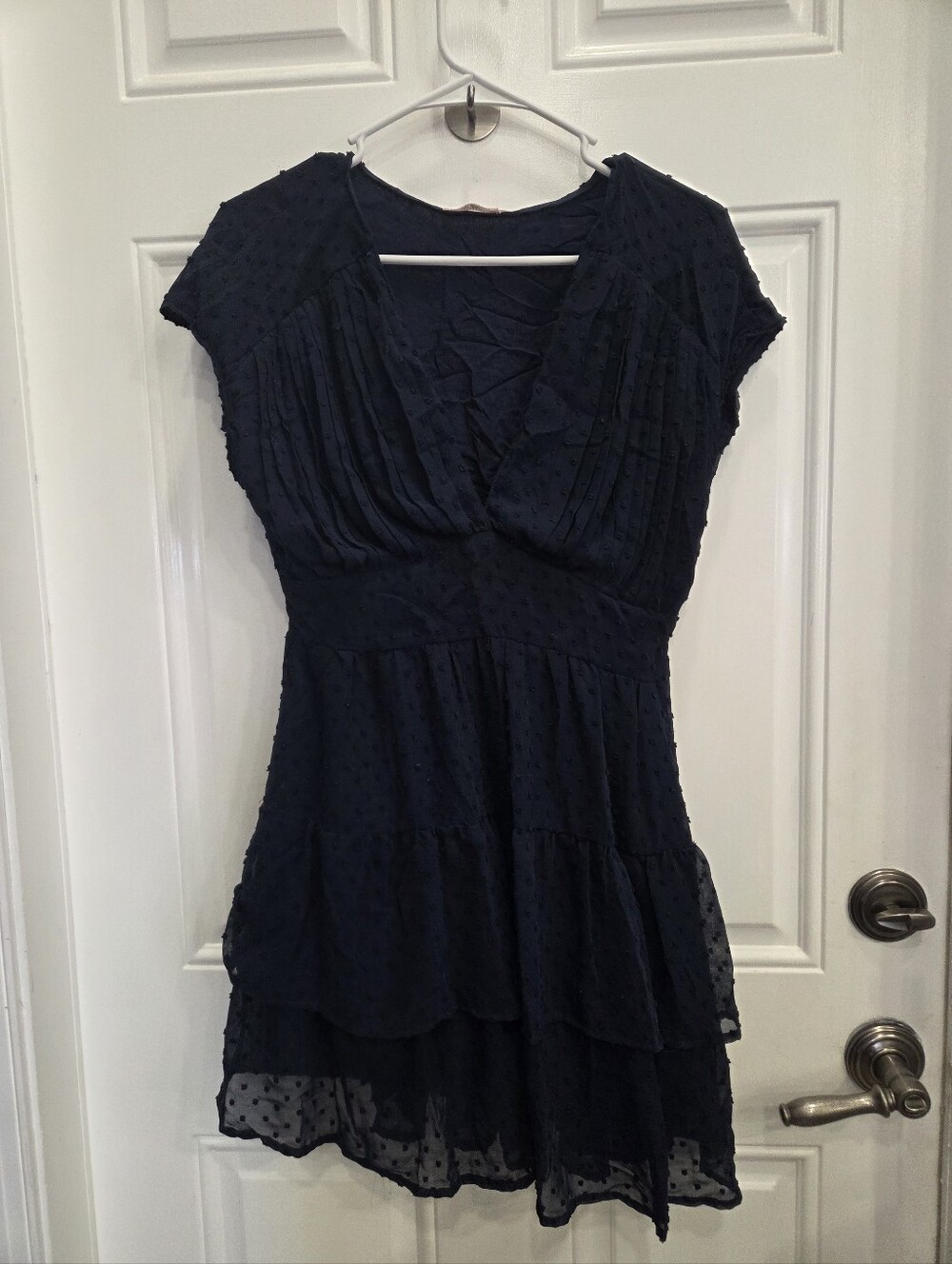 Navy Textured Tiered V-Neck Mini Dress